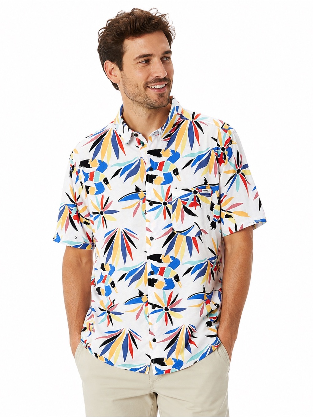 Hurley Men’s XXL Tropical Toucan Hawaiian Camp Shirt White Button Up